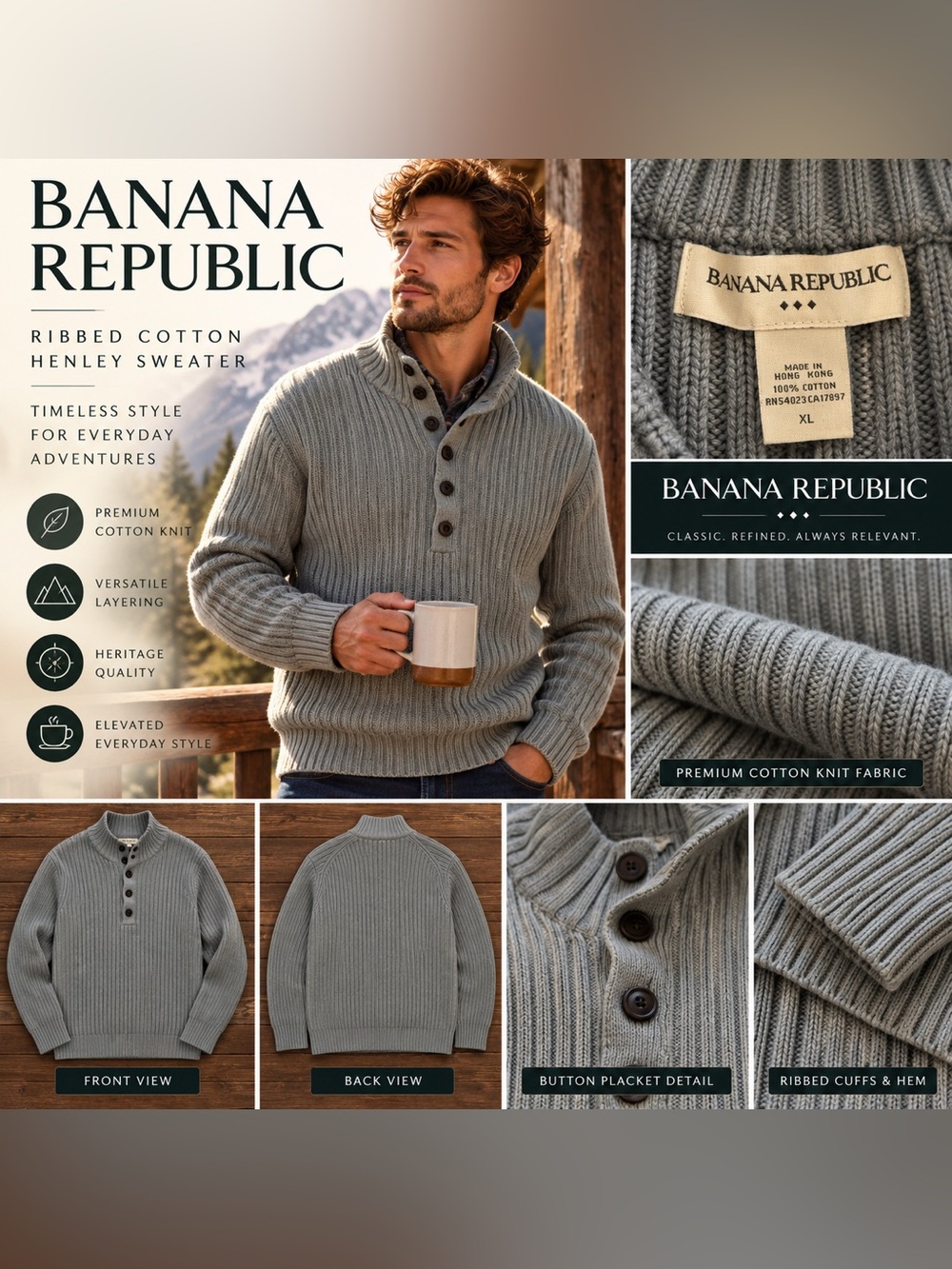 Banana Republic Men XL 100% Cotton Ribbed Henley Sweater Mock Neck Gray Heritage